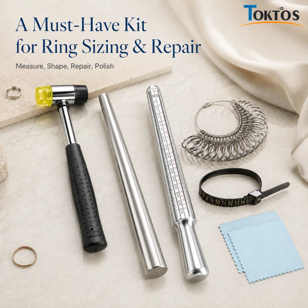 6PCS Ring Sizing Tool Kit Jewelry Ring Mandrel Set Hammer Ring Sizer Gauge Measuring Belt Polishing Cloth for Repair Making
