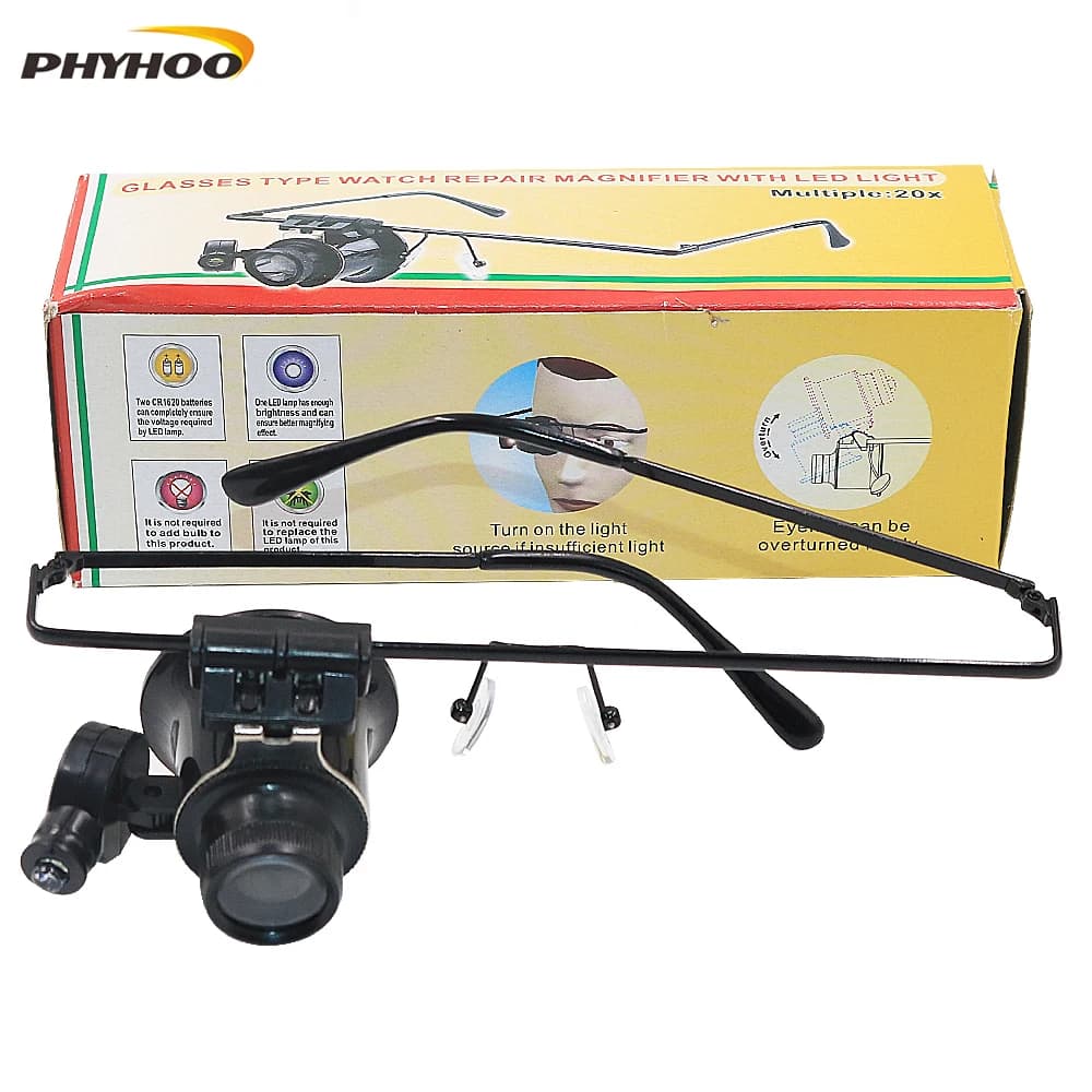 PHYHOO Glasses Type Wearing Monocle Magnifier 20X Magnifier with LED Light for Watch Repair Jewelry Identify Magnify