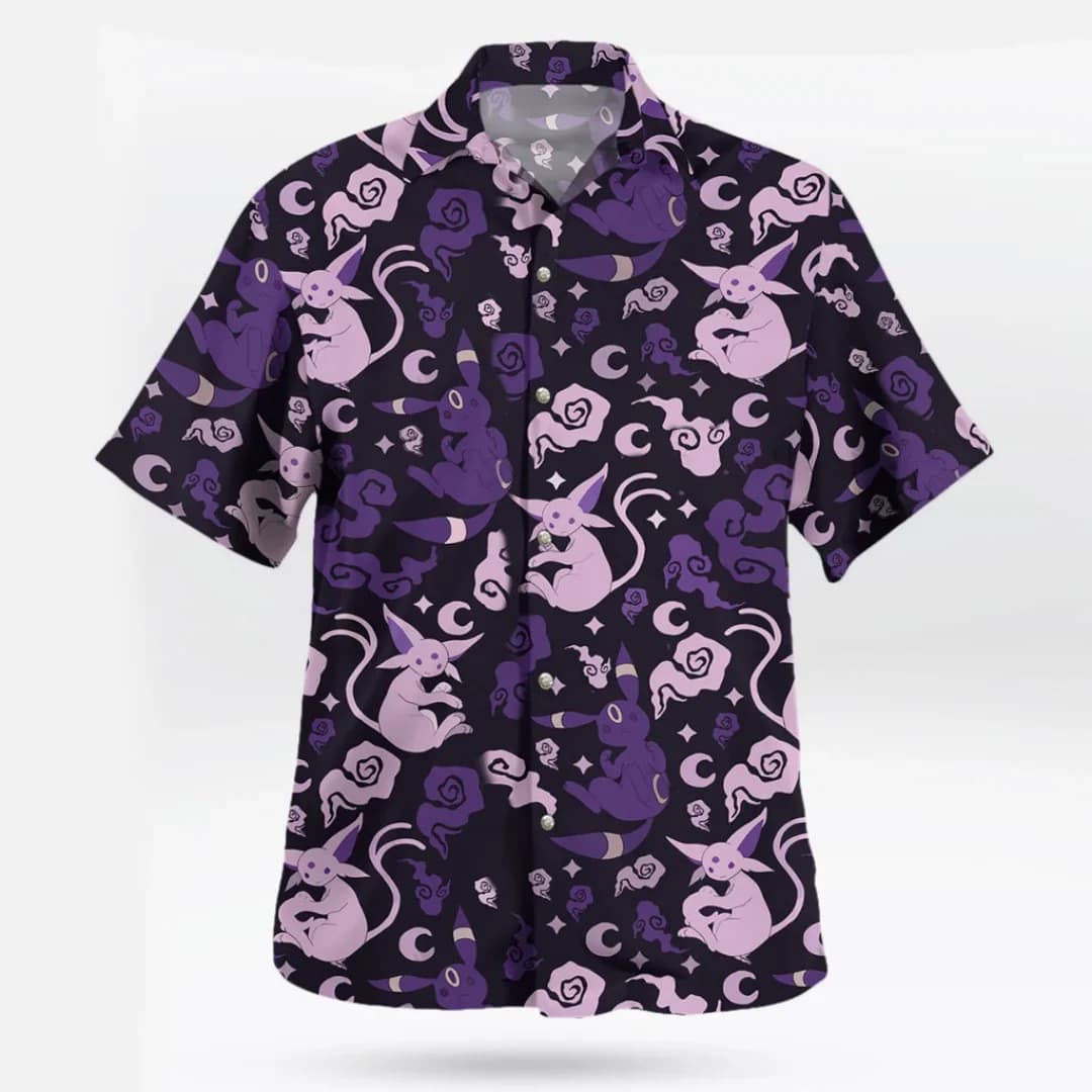 Summer Men's Anime Printed Short Sleeved Shirt Sun Moon Eevee IP Design Breathable Leisure Vacation Shirt