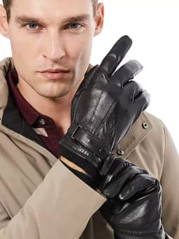 BISON DENIM Men Genuine Sheepskin Leather Gloves Autumn Winter Warm Touch Screen Full Finger Black Gloves High Quality S019