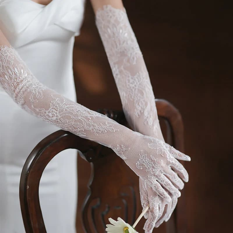 White Long Lace Sexy Mesh Eyelash Gloves Tulle Bridal Wedding Elbow Opera Party Costume Accessories Thin Transparent Hollow Out