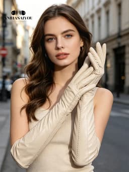 Fashion Beige Long Leather Gloves, High-Grade Long Leather Gloves Women, Winter Genuine Sheepskin Women's Long Gloves - CSD2-50C