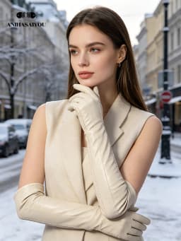 Fashion Beige Long Leather Gloves, High-Grade Long Leather Gloves Women, Winter Genuine Sheepskin Women's Long Gloves - CSD2-50C