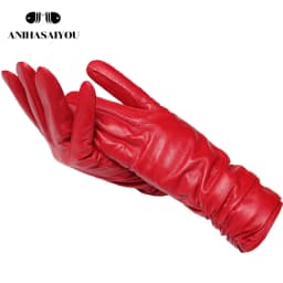Classic Pleated Leather Gloves Women Color Real Leather Gloves Women Sheepskin Genuine Leather Winter Gloves Women-2081