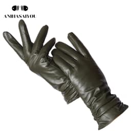 Classic Pleated Leather Gloves Women Color Real Leather Gloves Women Sheepskin Genuine Leather Winter Gloves Women-2081