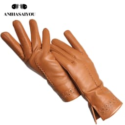 New Sheepskin Winter Gloves Warm Plus Velvet Short Thin Driving Women's Gloves Color Embroidery Design Leather Gloves-2229