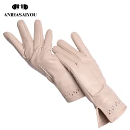 New Sheepskin Winter Gloves Warm Plus Velvet Short Thin Driving Women's Gloves Color Embroidery Design Leather Gloves-2229