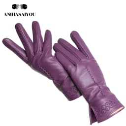 New Sheepskin Winter Gloves Warm Plus Velvet Short Thin Driving Women's Gloves Color Embroidery Design Leather Gloves-2229