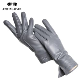 New Sheepskin Winter Gloves Warm Plus Velvet Short Thin Driving Women's Gloves Color Embroidery Design Leather Gloves-2229