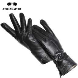 New Sheepskin Winter Gloves Warm Plus Velvet Short Thin Driving Women's Gloves Color Embroidery Design Leather Gloves-2229