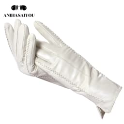 White Leather Women's Gloves, Genuine Leather, Cotton Lining Warm, Fashion Leather Gloves, Warm Winter Gloves -2226