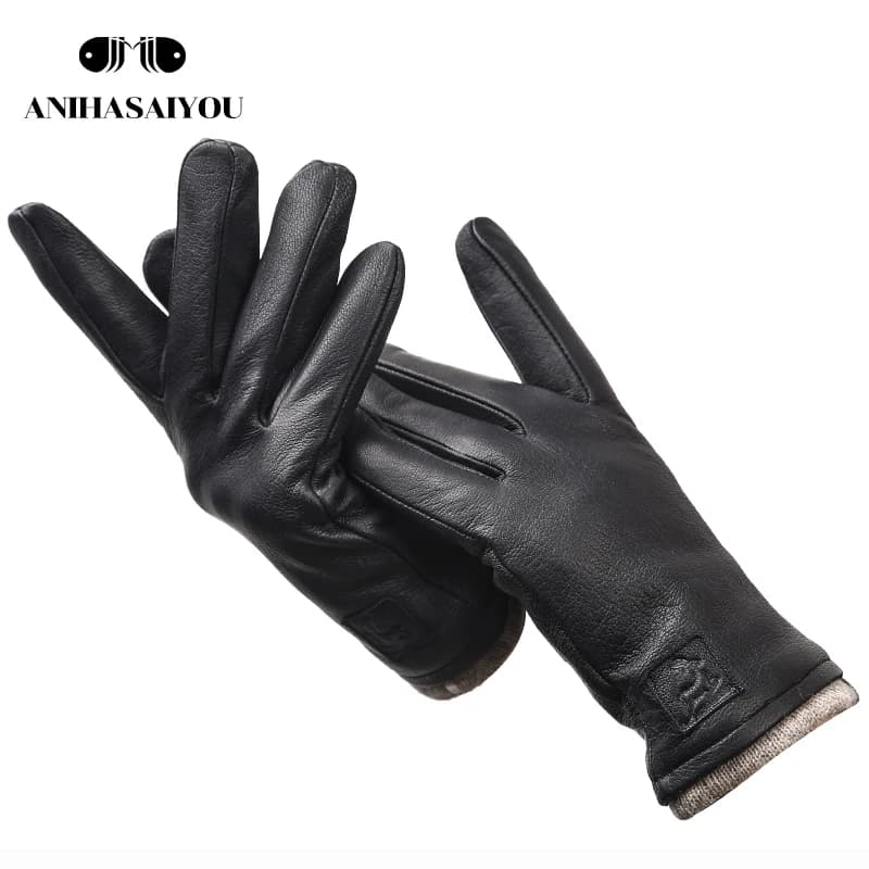 New Winter Man Sheepskin Men's Winter Gloves, Warm Soft Winter Leather Gloves Men, Black Warm Lining Mens Leather Gloves-8011A
