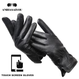 New Deer Skin Gloves Male Winter, Simple Mens Leather Gloves, Soft Men's Gloves, Black Genuine Leather Touch Gloves - 8025