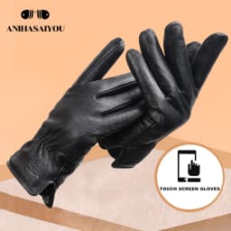 New Deer Skin Gloves Male Winter, Simple Mens Leather Gloves, Soft Men's Gloves, Black Genuine Leather Touch Gloves - 8025