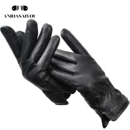 New Deer Skin Gloves Male Winter, Simple Mens Leather Gloves, Soft Men's Gloves, Black Genuine Leather Touch Gloves - 8025