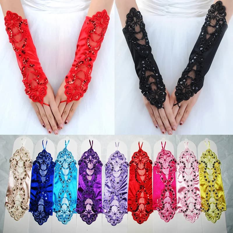 Fashion Sexy Women Female Short Half Finger Satin Seam Pearl Gloves Fashion Sexy Lady Retro Lace Driving Fingerless Gloves B96