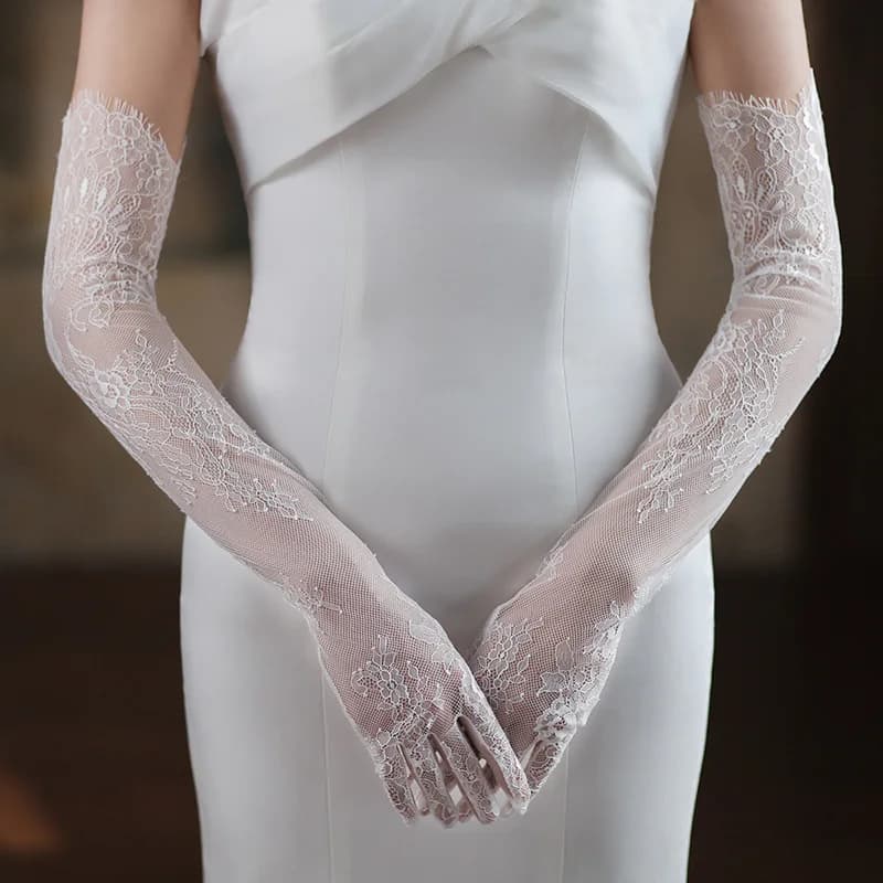 Women Sexy Thin Lace Flower White Black Long Gloves Transparent Mesh Eyelash Tulle Bridal Wedding Party Dress Accessories