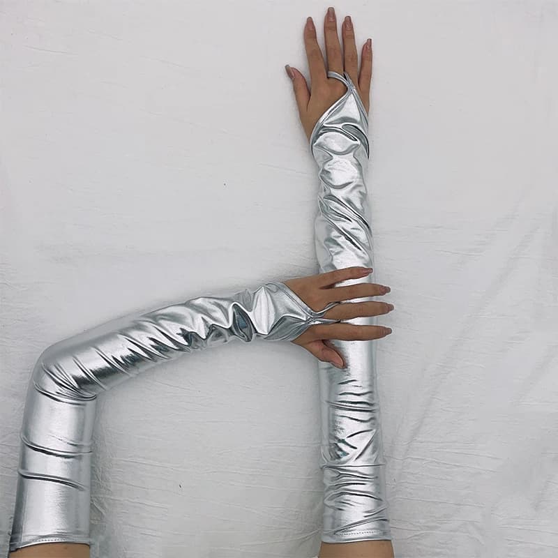 Women Ladies Wetlook Metallic Fingerless Latex Mittens Patent Leather Elbow Length Long Gloves Sexy Party Night Club Dancewear