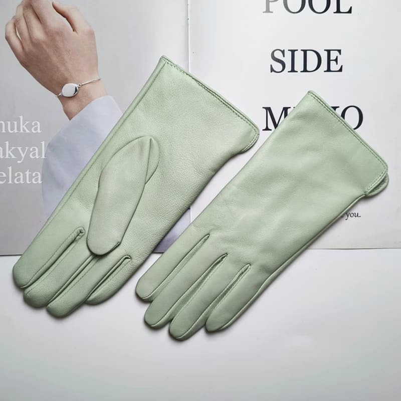 New Women's Leather Color Gloves Sheepskin Classic Straight Style Knitted Lining Spring Driving Mittens Autumn
