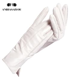 High Grade Women Leather Gloves, Genuine Leather Light Grey Warm Women's Winter Mittens, Simple Sheepskin Gloves Female-2226H