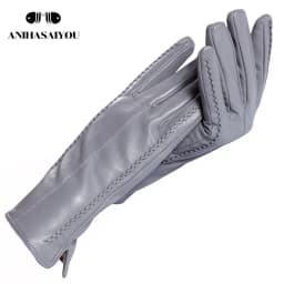 High Grade Women Leather Gloves, Genuine Leather Light Grey Warm Women's Winter Mittens, Simple Sheepskin Gloves Female-2226H