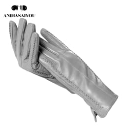 High Grade Women Leather Gloves, Genuine Leather Light Grey Warm Women's Winter Mittens, Simple Sheepskin Gloves Female-2226H