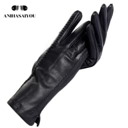 High Grade Women Leather Gloves, Genuine Leather Light Grey Warm Women's Winter Mittens, Simple Sheepskin Gloves Female-2226H