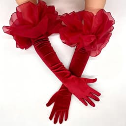 Women Burgundy Color Golden Velvet Mesh Ruffle Edge Long Aesthetic Gloves Etiquette Stage Performance Opera Wedding