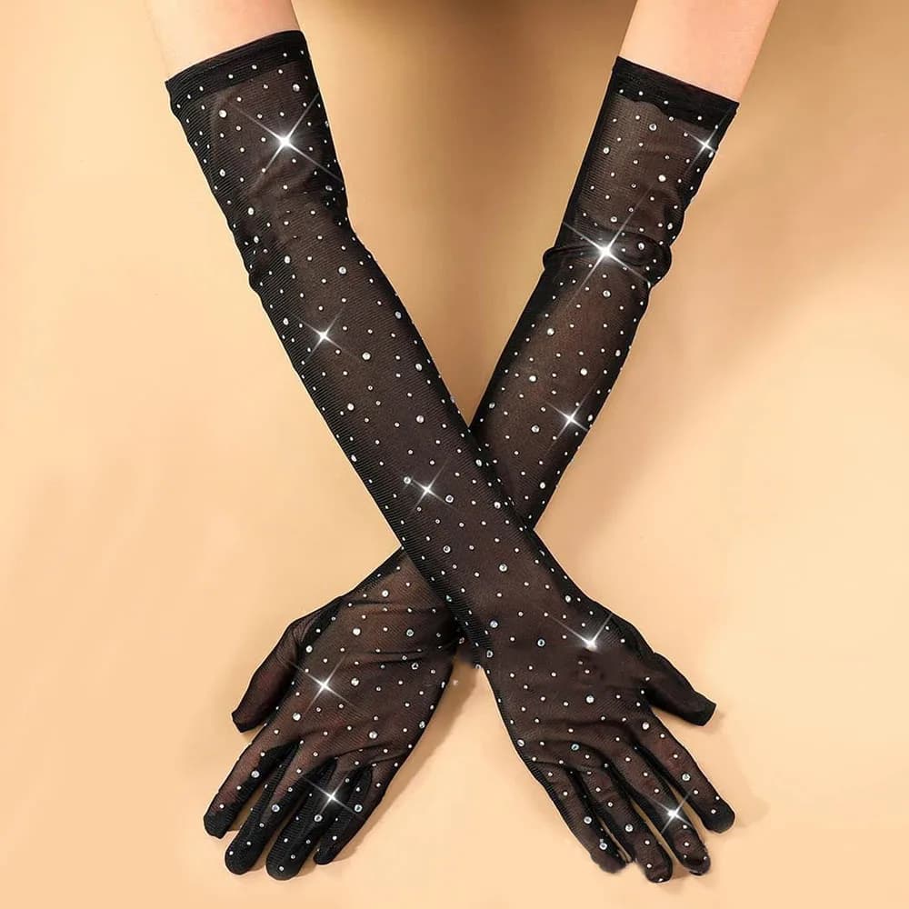 Women Sexy Thin Hollow Flash Drilling Elasticity Lace Mesh Long Gloves Cosplay Halloween Party Nightclub Pole Dance Accessories