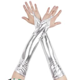 Women Ladies Long Shinny Leather Gloves Big Sleeve Lantern Sleeve Emulation Bright Female Arm Gloves