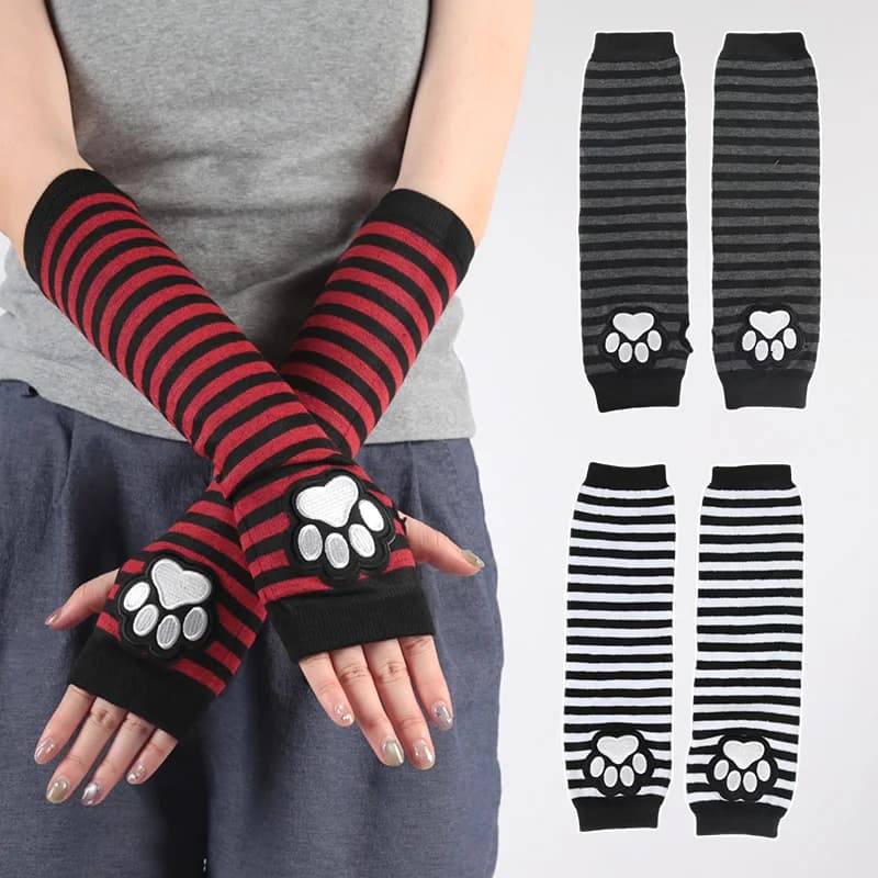 Unisex Black Fingerless Gloves Y2K Gothic Lolita Arm Cover Cute Cat Claw Paw Warmer Striped Sleeves Gloves Long Tube for Women