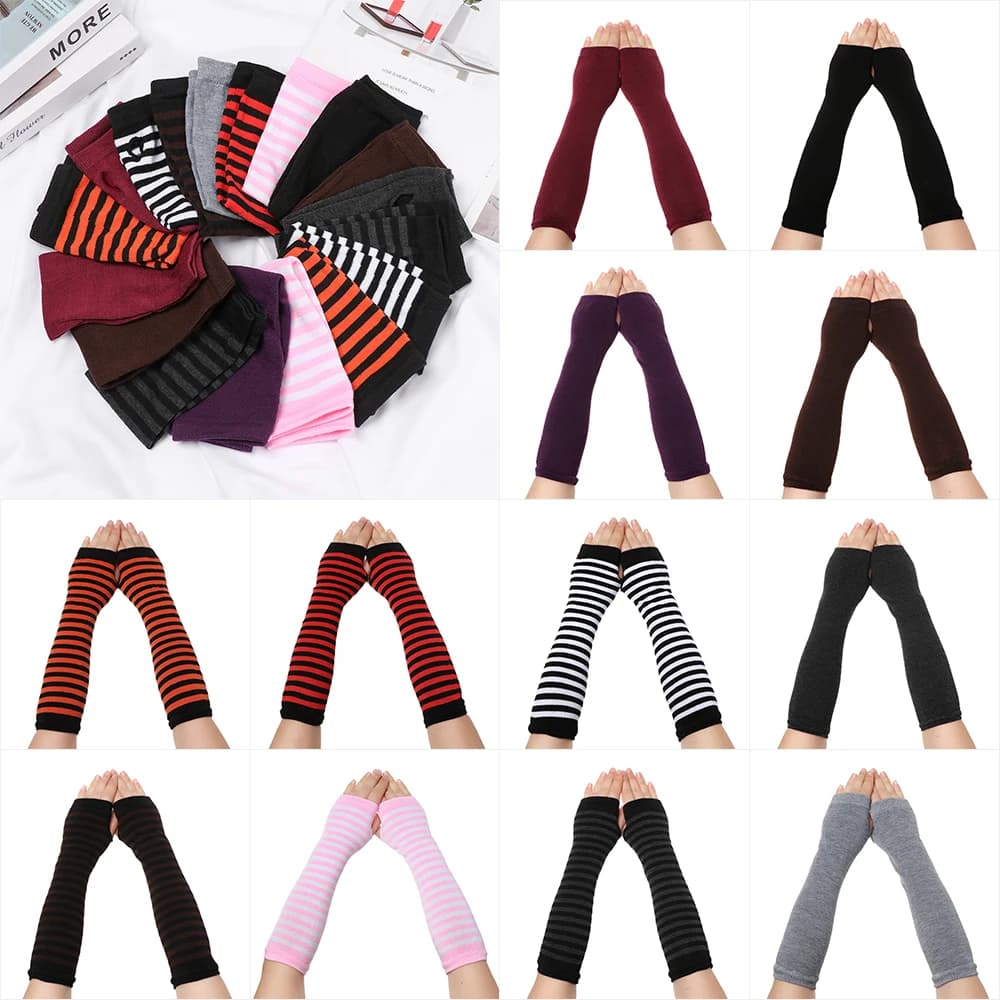 1 Pair Striped Soft Mitten Knitted Elbow Gloves Long Glove Fingerless Cotton Classic Wristband Arm Cover Sleeve For Women Girls