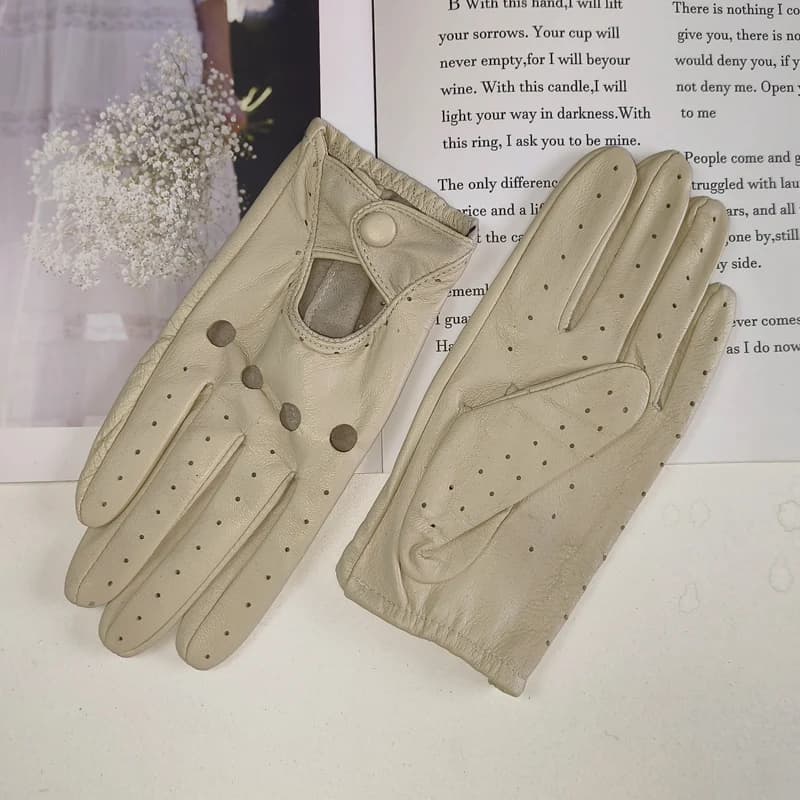 Thin Women's Sheepskin Driver Gloves Summer Breathable Snap Button Colored Genuine Leather Gloves