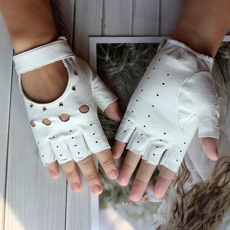 Women's Summer Leather Driving Gloves Fashionable Hollow out Half Finger Thin Motorcycle Riding Short Sheepskin