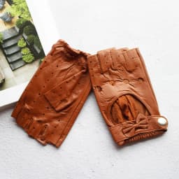 Women's Summer Leather Driving Gloves Fashionable Hollow out Half Finger Thin Motorcycle Riding Short Sheepskin
