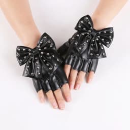 Fashion Fingerless Cosplay PU Leather Gloves Big Bow Rivet Sexy Disco Dancing Rock And Roll Black Punk Show Half Finger Mittens
