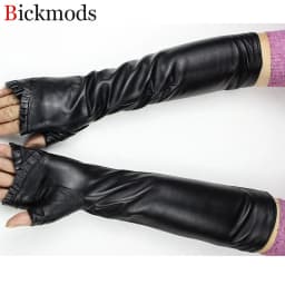 Women's Long Leather Gloves Are Fashionable To Wear With Thin Velvet LIning For Autumn Warmth Sheepskin Half Finger Sleeves