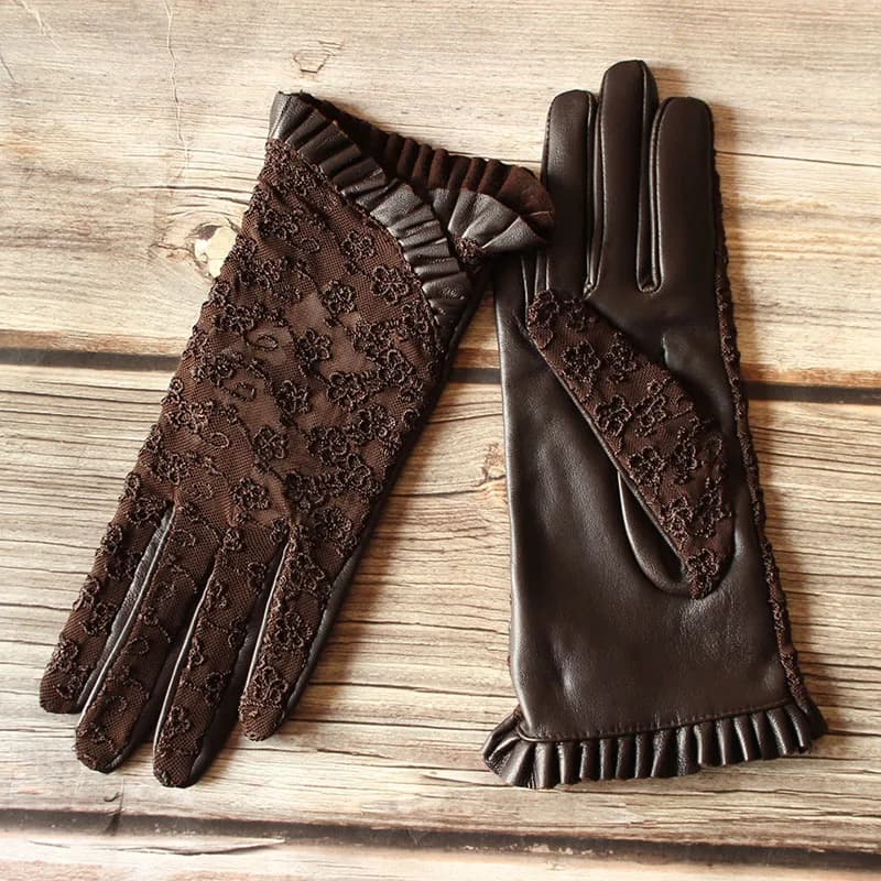 Summer Driving Sheepskin Gloves for Women Touch Screen Leather Unlined Single Layer Thin Fashion Lace Stretch Style