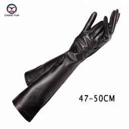 CHING YUN Lady Long Glove Fashion Sheepskin Leather Black Gloves Women Genuine Mittens Female Thin Lining Style Arm Sleeve