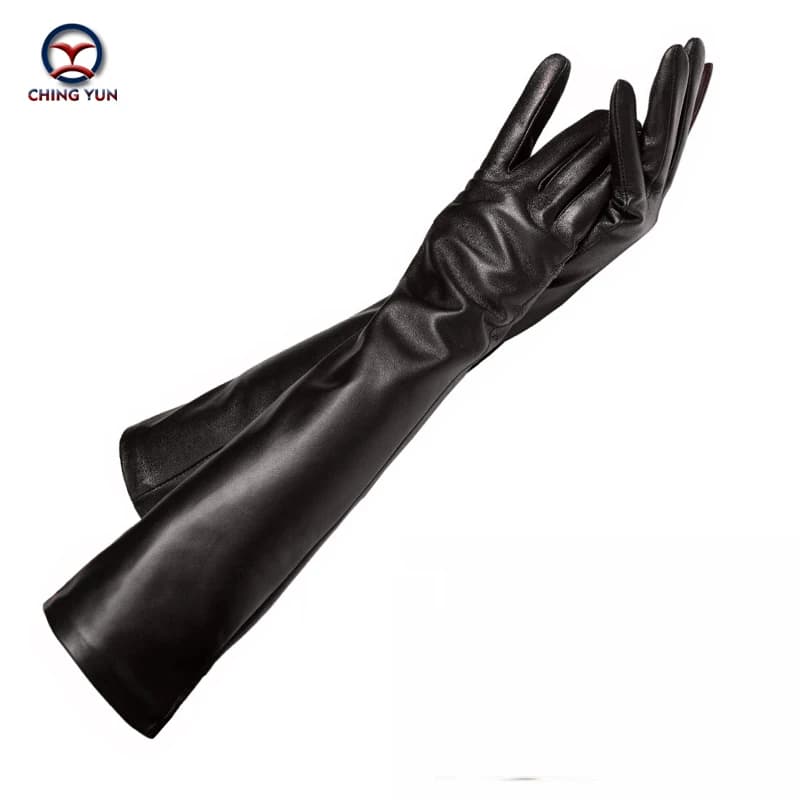 CHING YUN Lady Long Glove Fashion Sheepskin Leather Black Gloves Women Genuine Mittens Female Thin Lining Style Arm Sleeve