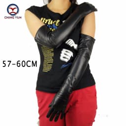 CHING YUN Lady Long Glove Fashion Sheepskin Leather Black Gloves Women Genuine Mittens Female Thin Lining Style Arm Sleeve