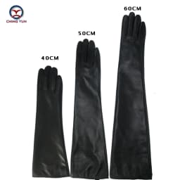CHING YUN Lady Long Glove Fashion Sheepskin Leather Black Gloves Women Genuine Mittens Female Thin Lining Style Arm Sleeve