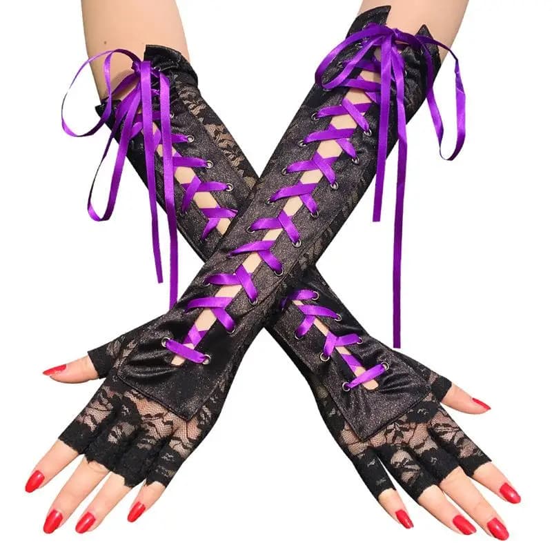Fashion Girls Fingerless Fishnet Party Gothic Lolita Ribbon Mittens Women Sexy Lace Long Gloves Cosplay Elbow Half-finger Gloves