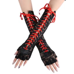 Fashion Girls Fingerless Fishnet Party Gothic Lolita Ribbon Mittens Women Sexy Lace Long Gloves Cosplay Elbow Half-finger Gloves