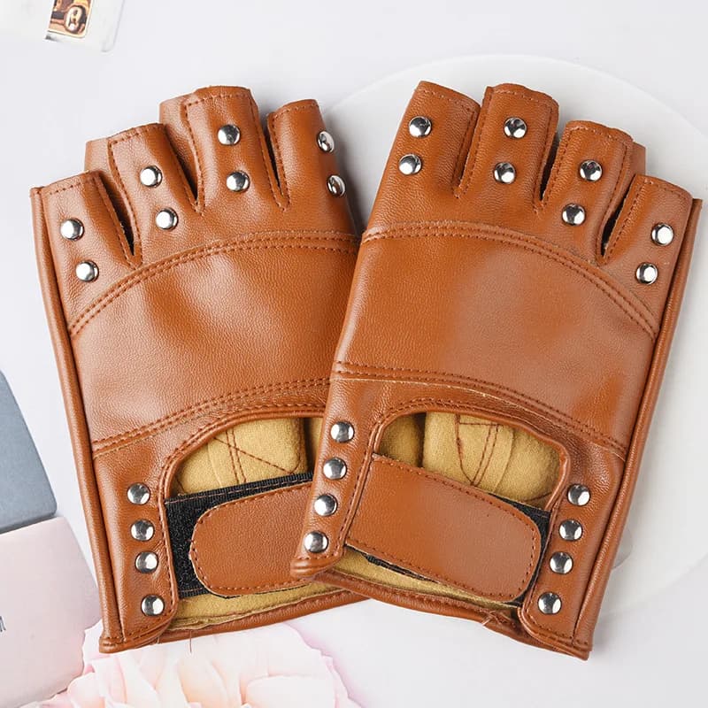 New Women Rivet Stage Performance Punk Sexy Half Finger Leather Gloves Nightclub Queen Female Personality Hip Hop Dance