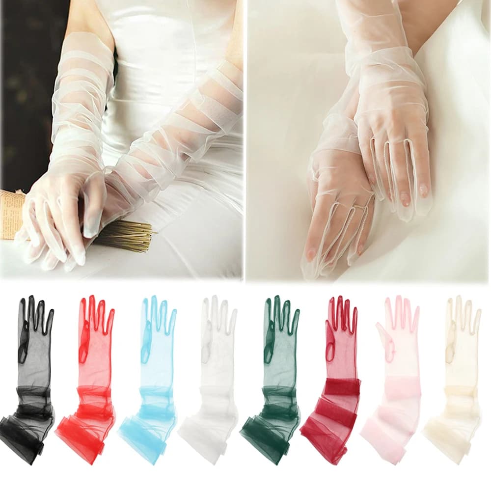 1Pair Women Vintage Tulle Gloves Ultra Thin Long Finger Wedding Bridal Gloves Bridal Gown Mittens Evening Prom Decor Party Dress