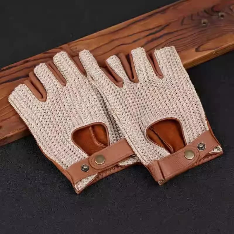 Semi-Fingers Gloves Unisex Knitted Sheepskin Patchwork Retro Riding Driving Women Half Finger Mittens Men Leather Gloves LSH01
