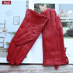 Women's Colored Leather Gloves Fashion Striped Style with Velvet Lining Warm Autumn Winter Sheepskin Finger Gloves