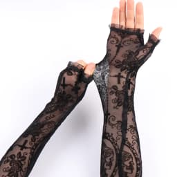 Women Rose Print Mesh Sexy Lolita Black Transparent Long Fingerless Gloves Cosplay Performance Drive Sunscreen Sleeve Cover