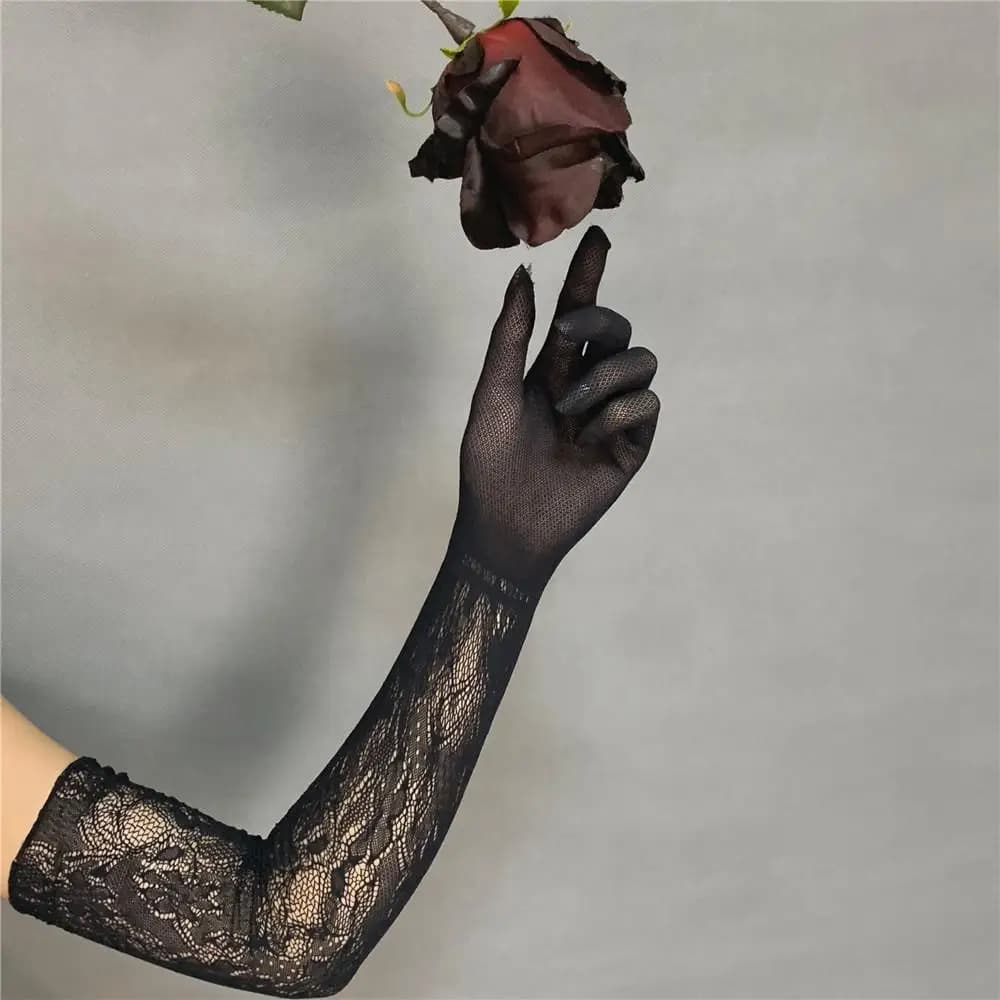 Women Sexy Hollow Out Fishing Net JK Lolita Style Lace Floral High Elasticity Long Gloves Party Stage Performance Cosplay